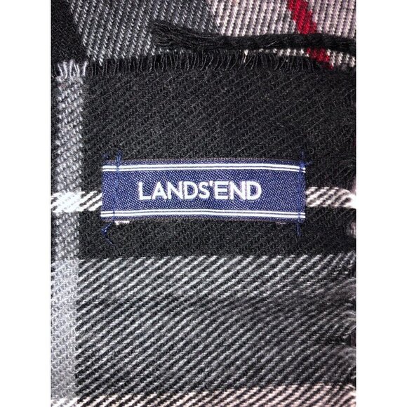 Lands End Scarf Plaid Soft Black White Red Fringe Winter Fall Unisex - Picture 3 of 6